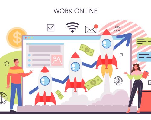 Crowdfunding online service or platform. Financial support of new business project. Investment into innovative start up. Online work. Flat vector illustration